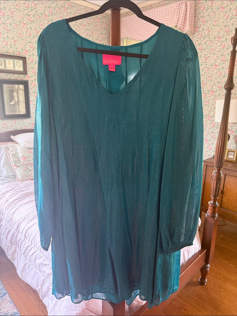 Lilly Pulitzer Teal Shimmer Long-Sleeve V-Neck Dress